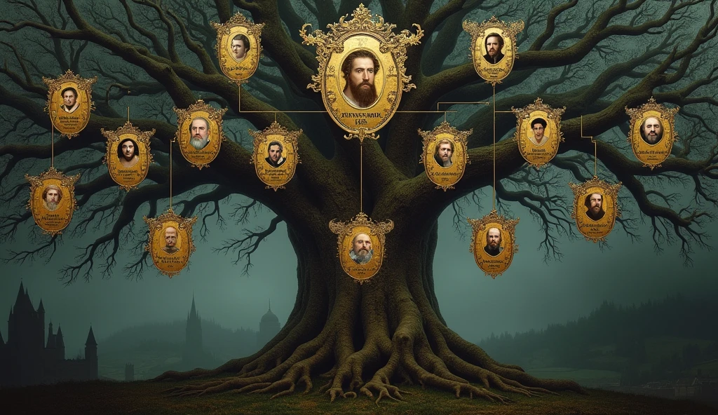 A cinematic and richly detailed family tree illustrating the complex lineage connecting Edward III of England to Philip IV of France, highlighting Edward’s claim to the French throne. The tree is depicted as a grand, ancient oak, its gnarled branches twisting through a dark, misty atmosphere, reflecting the tangled and disputed nature of the succession. Each branch bears a gilded shield with the names and portraits of key ancestors, rendered in a style reminiscent of medieval illuminated manuscripts. At the base of the tree, Philip IV is prominently displayed, with his lineage spreading upwards and branching out to include Edward III, whose portrait is positioned at a focal point on a higher branch, underscored by the claim to the French crown. The background is shadowed and mysterious, with faint outlines of castles and battlegrounds, suggesting the looming conflicts over this contested lineage. The entire scene is bathed in the soft, moody light characteristic of Edmund Blair Leighto, Surrealism, Hyperrealism, UHD, retina, masterpiece, accurate, anatomically correct, textured skin, super detail, 16k