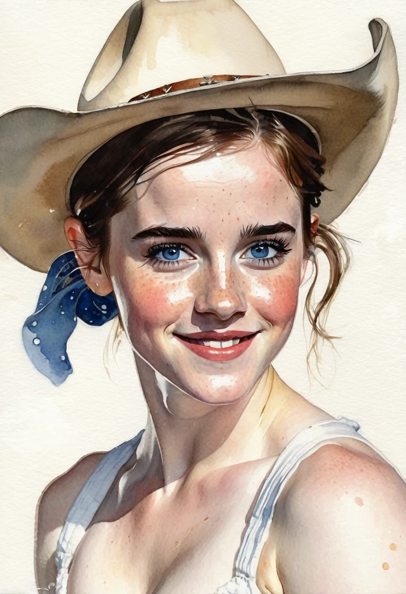 a watercolor painting of a ((pale skin)), defined muscles, six-pack abs, freckled, brunette 1 woman resembling Emma Watson, with blue eyes, blushing cheeks, pigtails, cowboy hat, naked, smiling, in the style of Norman Rockwell