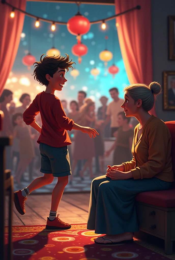 Karãu continues dancing and singing at a party, while his mother is alone at home