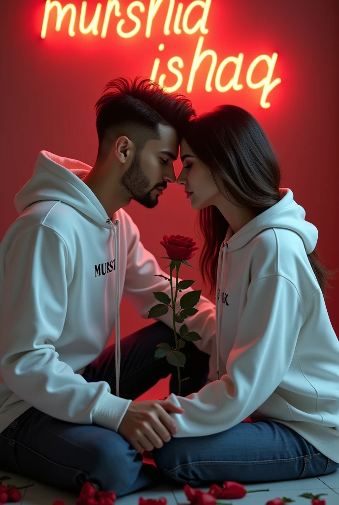 Create 8k quality highly detailed Realistic portrait  Handsome 28 year slim smart , guy  White Hoodie with 30 year beautiful women in a White Hoodie, the girl has a red rose flower in her hand and is sitting on down floor, with romantic mode, no smile, written "Murshid" in the boy hoodie and "Dua" in girl's hoodie, and back wall say Murshid ishaq with Dua in neon lights 