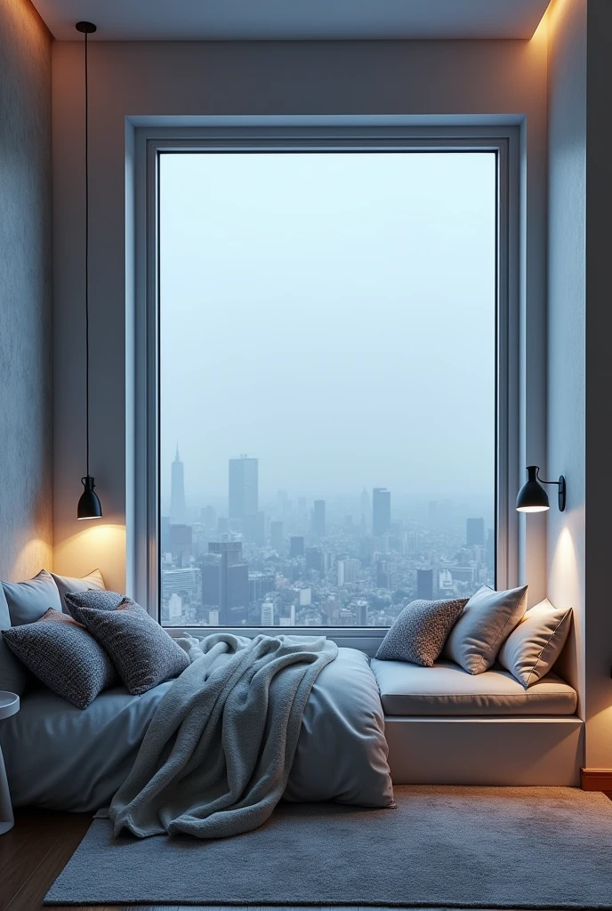 Generate a detailed image of a modern bedroom corner with a large window, showing a bed or seating area with several pillows in various patterns. Include sleek, wall-mounted lamps on either side of the window, soft ambient lighting, and minimalist decor in a cool-toned color scheme. Show different angles, such as from the bed looking out the window and from the window looking into the room.