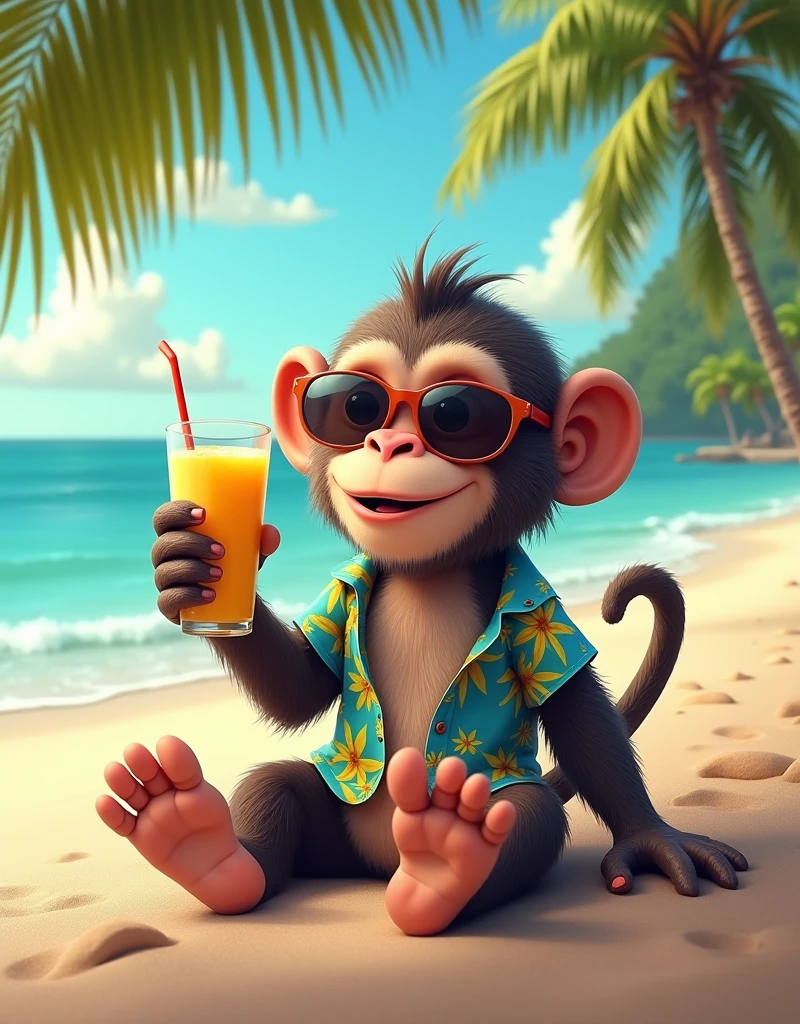 A monkey wearing sunglasses and a Hawaiian shirt, laying on a beach, drinking a banana smoothie, he is happy, smiling,relaxing, Wes anderson colour palette
