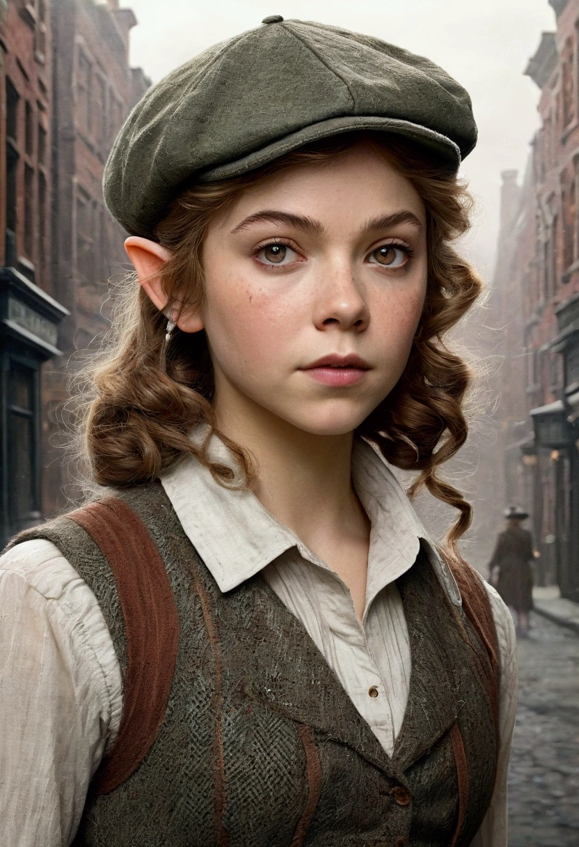 An illustrated movie poster, hand-drawn, full color, a teenage elven girl, wearing a tweed vest and a newsie cap, athletic hourglass figure, long pointy elf ears, dark hair, messy shaggy bob cut, rosy skin, freckles, resembles Margaery Tyrell, standing on a foggy victorian-era street corner, graphite shading, stencil marks, airbrushed acrylic paint, masterpiece, in the style of the Sherlock Holmes, elf ears