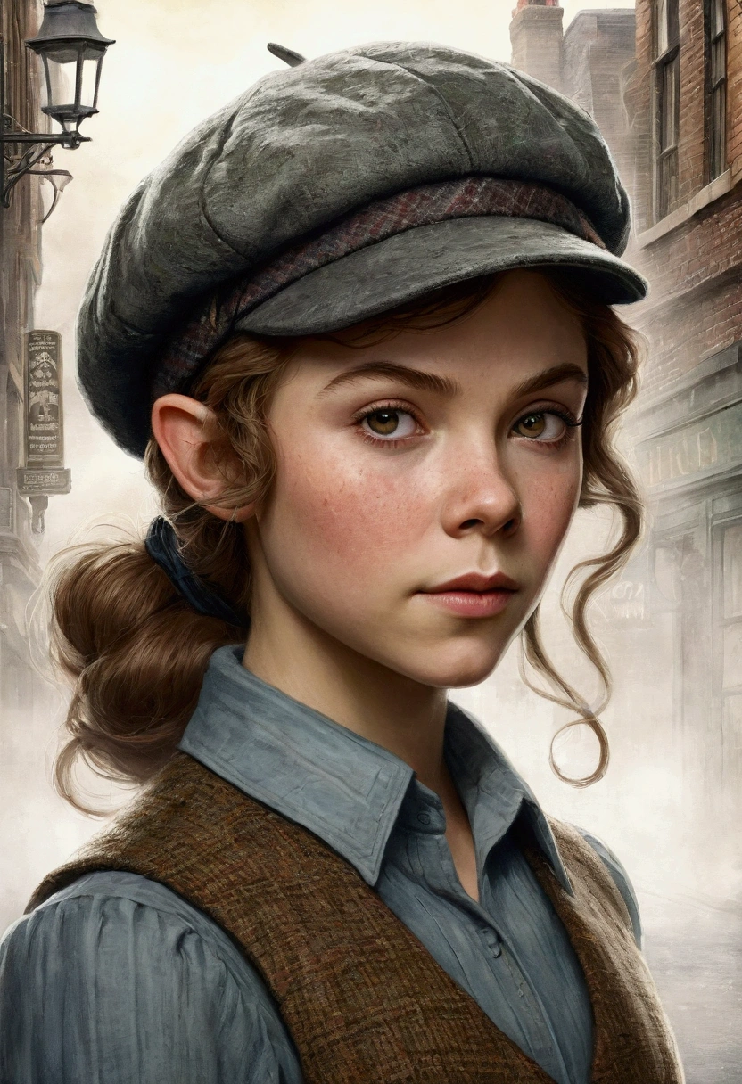 An illustrated movie poster, hand-drawn, full color, a teenage elven girl, wearing a tweed vest and a newsie cap, athletic hourglass figure, long pointy elf ears, dark hair, messy shaggy bob cut, rosy skin, freckles, resembles Margaery Tyrell, standing on a foggy victorian-era street corner, graphite shading, stencil marks, airbrushed acrylic paint, masterpiece, in the style of the Sherlock Holmes, elf ears