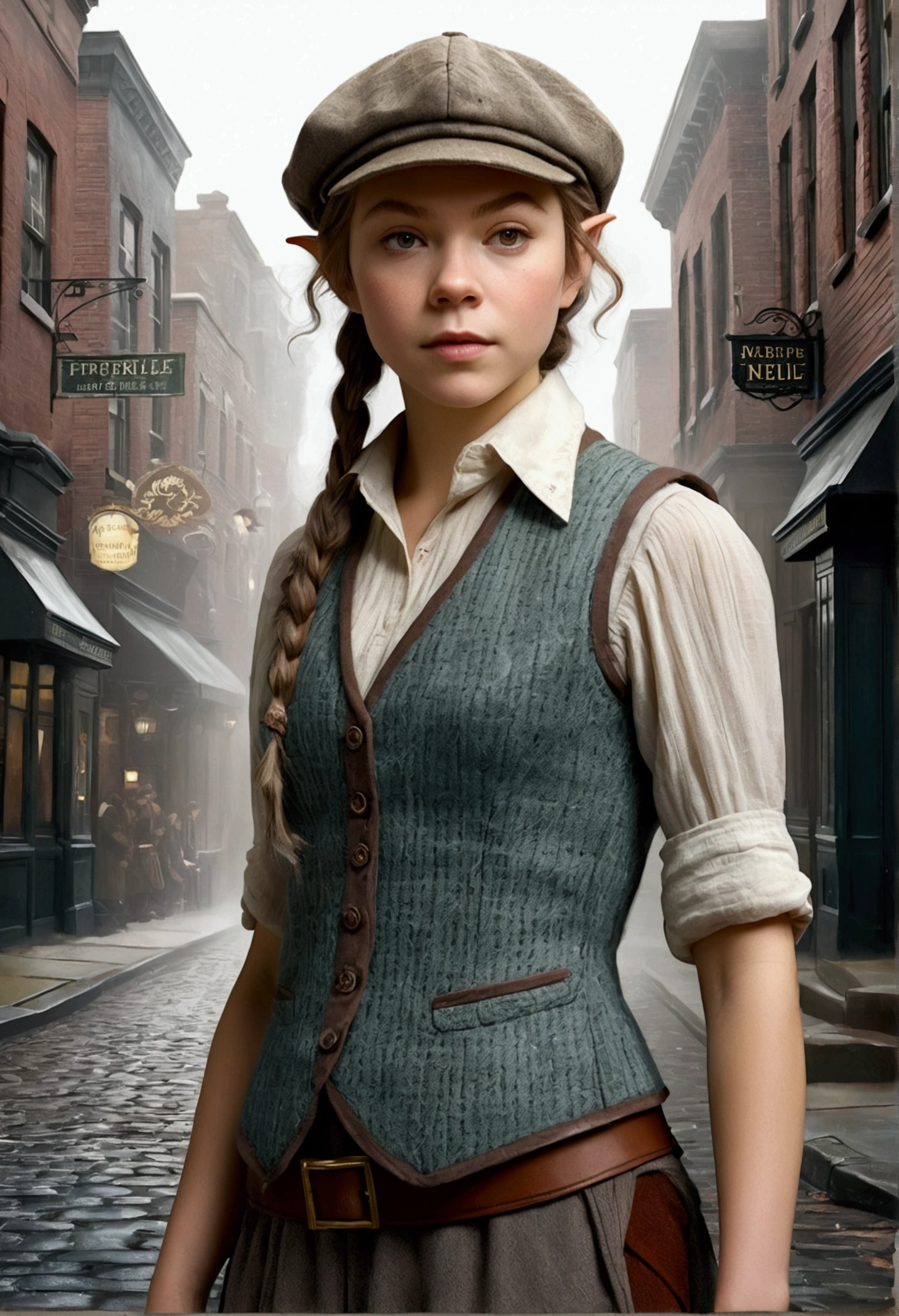 An illustrated movie poster, hand-drawn, full color, a teenage elven girl, wearing a tweed vest and a newsie cap, athletic hourglass figure, long pointy elf ears, dark hair, messy shaggy bob cut, rosy skin, freckles, resembles Margaery Tyrell, standing on a foggy victorian-era street corner, graphite shading, stencil marks, airbrushed acrylic paint, masterpiece, in the style of the Sherlock Holmes, elf ears