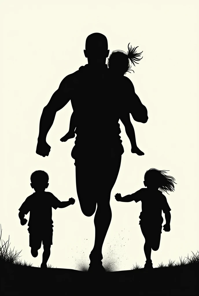 Man with cap running carrying a girl on his neck and another holding her by the hand, silhouette only