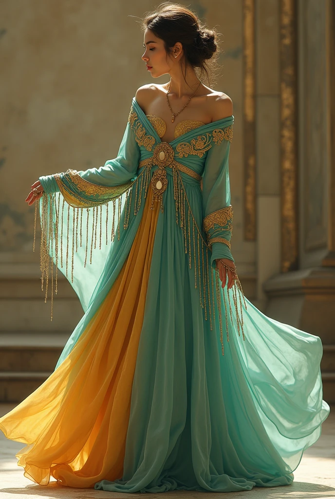 Golden petticoat, intricate metal laces hanging from the arms and torso, falling loosely to the ground, fine turquoise tunic over, that the gold is seen by neglect, Light, graceful, full of movement