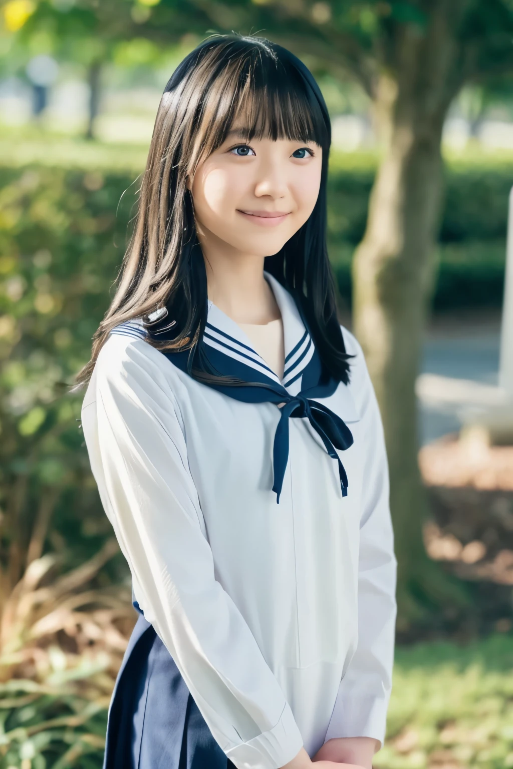 (Raw photo:1.2), (Photorealistic:1.4), Sailor suit, A young Japanese woman, Calm expression, Gently glance over, Long black hair, having a modest smile, detailed face, detailed eyes, Running with her skirt fluttering, Background is a school hallway, 10 second video