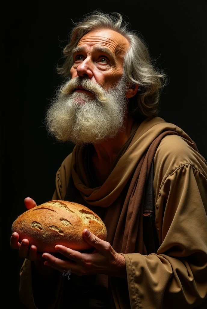 masterpiece, Renaissance, Baroque style, high contrast, black dark background, tenebrismo, estilo Caravaggio, warm tones, Old man, with a big beard,looking at the sky, with a loaf of bread in his hands, a lot of detail, old painting, Awesome, ropa antigua estilo pinturade Rembrandt, shocking look, high contrast negros, Caravaggio, Rembrandt, but black contrast, very dark, outstanding warm luminosity,