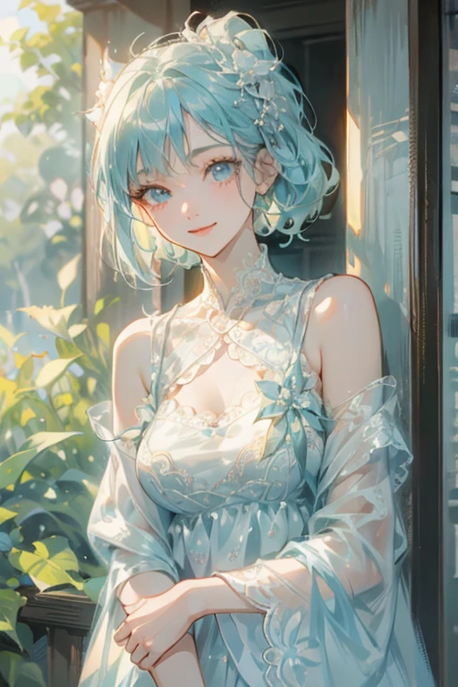 (masterpiece: 1.2, Highest quality), (Actual Photos, Intricate details), 1. woman, alone, Upper Body, bikini、Shoulder-length hair, Minimal makeup, Natural materials, Face close-up, smile, Home, (Light blue hair).blue eyes, Shoulder Bare、Smiling with teeth showing、(In the gap between my breasts).((sexy)).((Outdoor)).((Lace pattern clothing)).