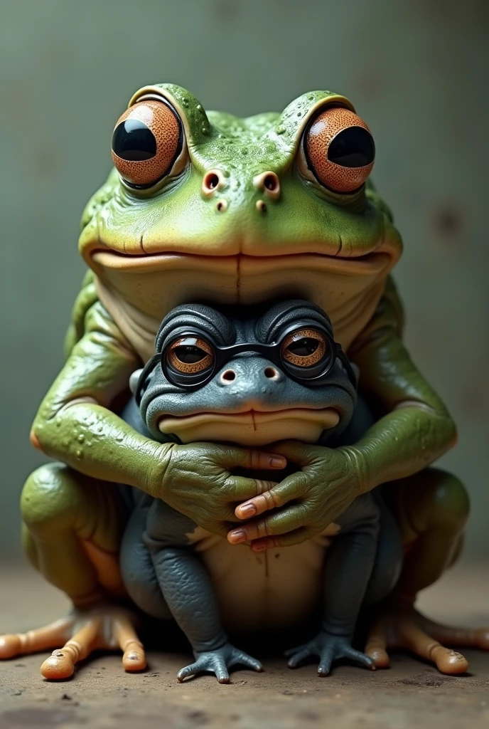Ugly big frog hugging black old frog with heartbeat and eyeglass