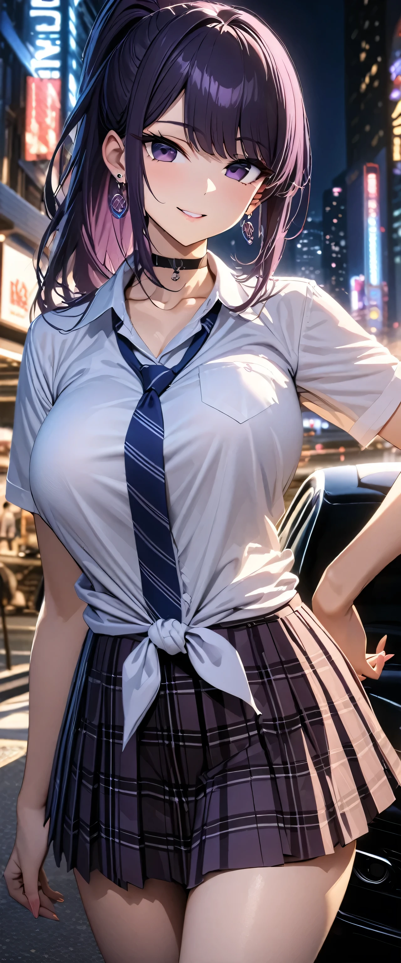 Komi Shouko wearing a jewelry, earrings, piercing, school uniform, white shirt, tied shirt, black choker, blue necktie, plaid skirt, purple hair, ponytail hair, purple eyes, smiling, big breasts, near a well-detailed black car, on a track in a large city at night, perfect lighting,HDR, ultra resolution , very detailed, masterpiece, ultra quality, 4K HD.