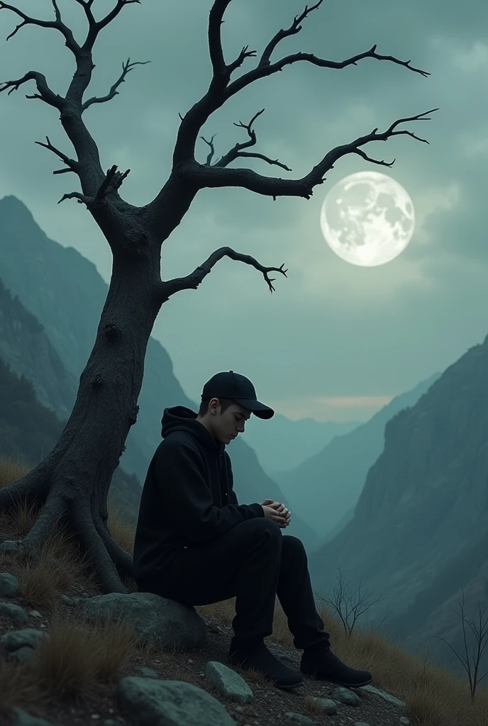 Make me a picture of a teenager all in black with a baseball cap, sitting at the foot of a dead tree, in a mountainous setting where the moon is covered by clouds, a very melancholic and sad scenario
