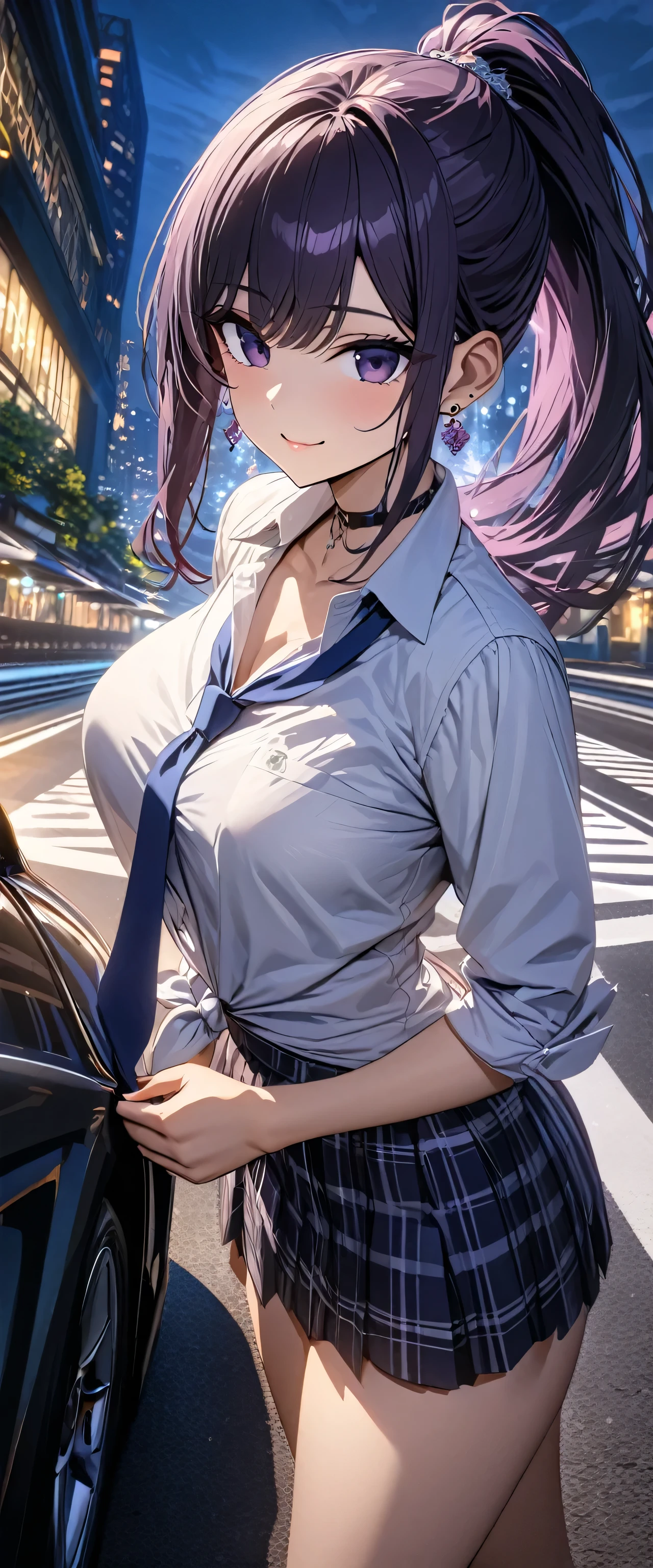 Komi Shouko wearing a jewelry, earrings, piercing, school uniform, white shirt, tied shirt, black choker, blue necktie, plaid skirt, purple hair, ponytail hair, purple eyes, smiling, big breasts, near a well-detailed black car, on a track in a large city at night, perfect lighting,HDR, ultra resolution , very detailed, masterpiece, ultra quality, 4K HD.