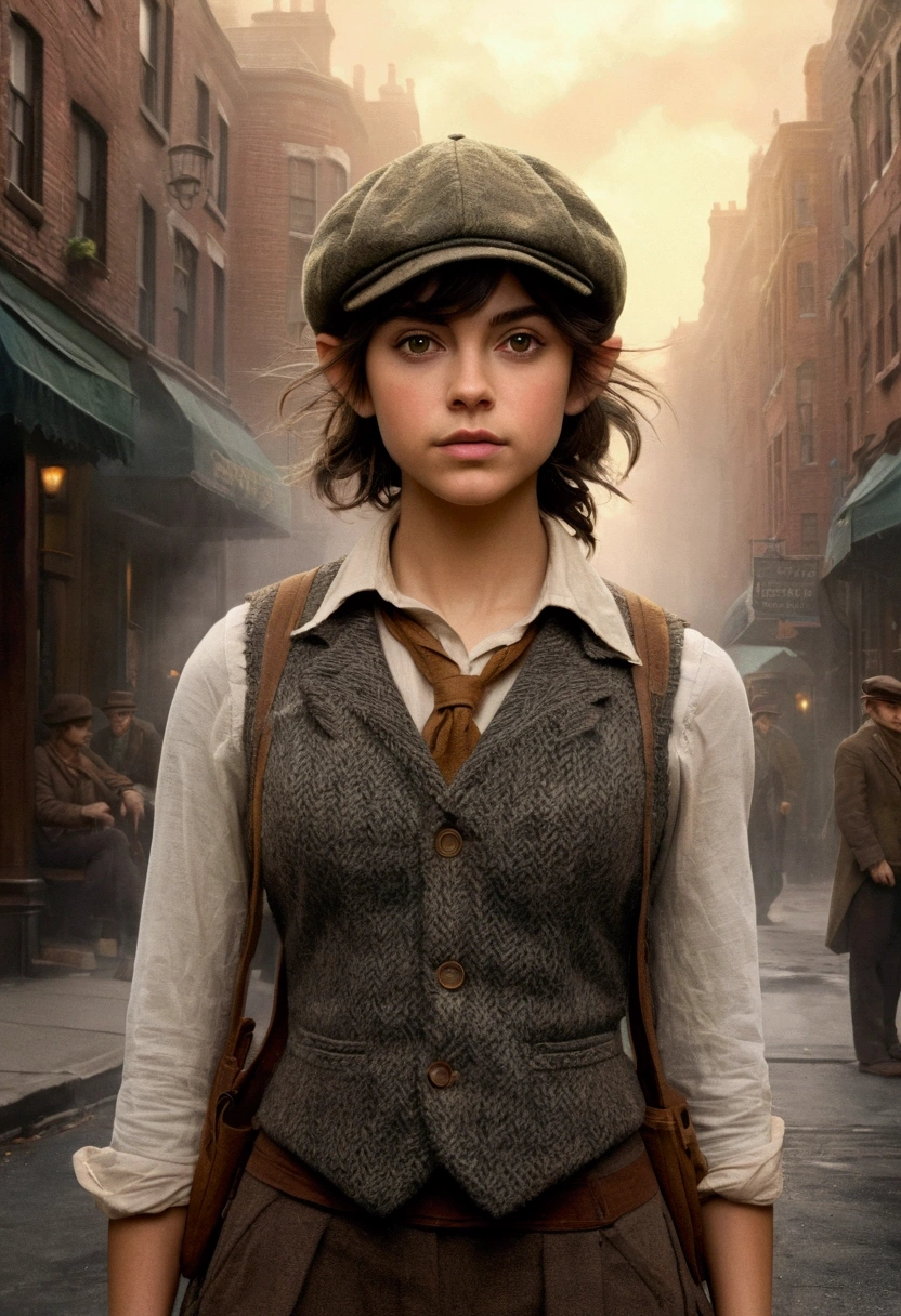 An illustrated movie poster, hand-drawn, full color, a age elven girl, wearing a tweed vest and a newsie cap, athletic hourglass figure, long pointy elf ears, dark hair, messy shaggy bob cut, deep sun-tanned skintone, resembles Ana De Armas, standing on a foggy victorian-era street corner, graphite shading, stencil marks, airbrushed acrylic paint, masterpiece, in the style of the Sherlock Holmes, elf ears