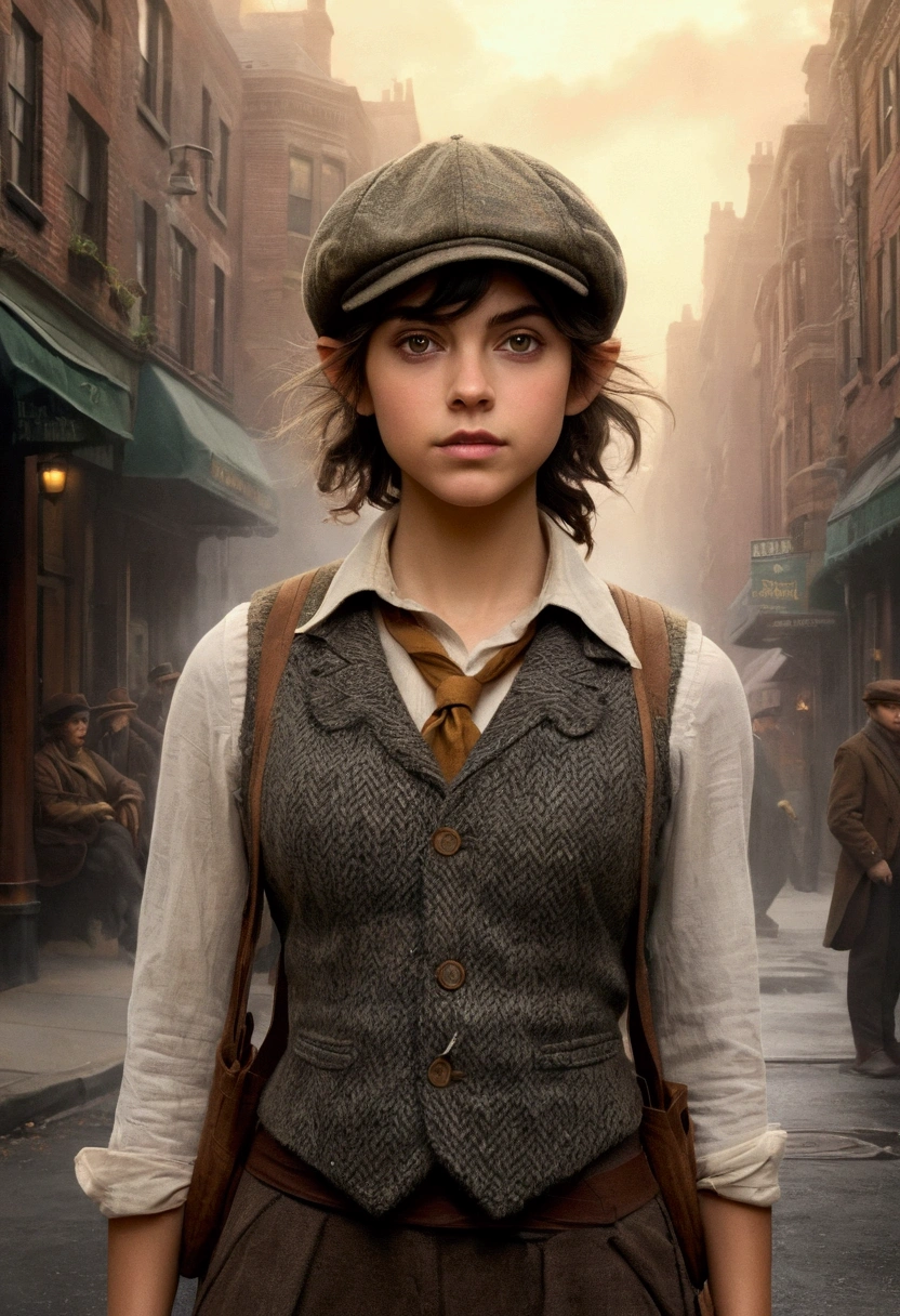 An illustrated movie poster, hand-drawn, full color, a teenage elven girl, wearing a tweed vest and a newsie cap, athletic hourglass figure, long pointy elf ears, dark hair, messy shaggy bob cut, deep sun-tanned skintone, resembles Ana De Armas, standing on a foggy victorian-era street corner, graphite shading, stencil marks, airbrushed acrylic paint, masterpiece, in the style of the Sherlock Holmes, elf ears
