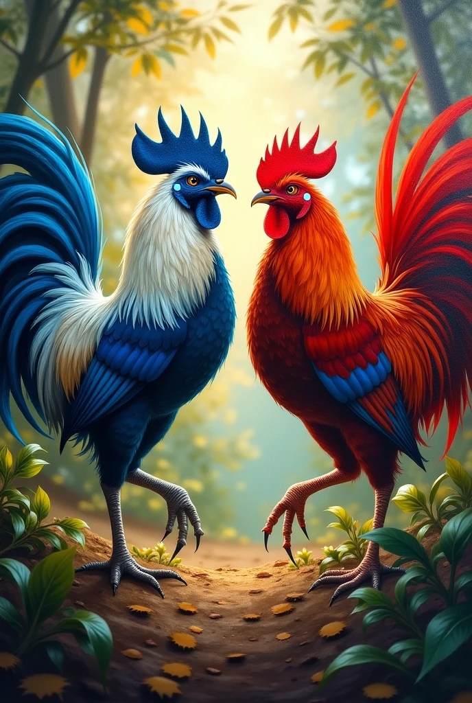 Blue Rooster vs Red Rooster; colombia; magical realism; (detailed); (masterpiece).