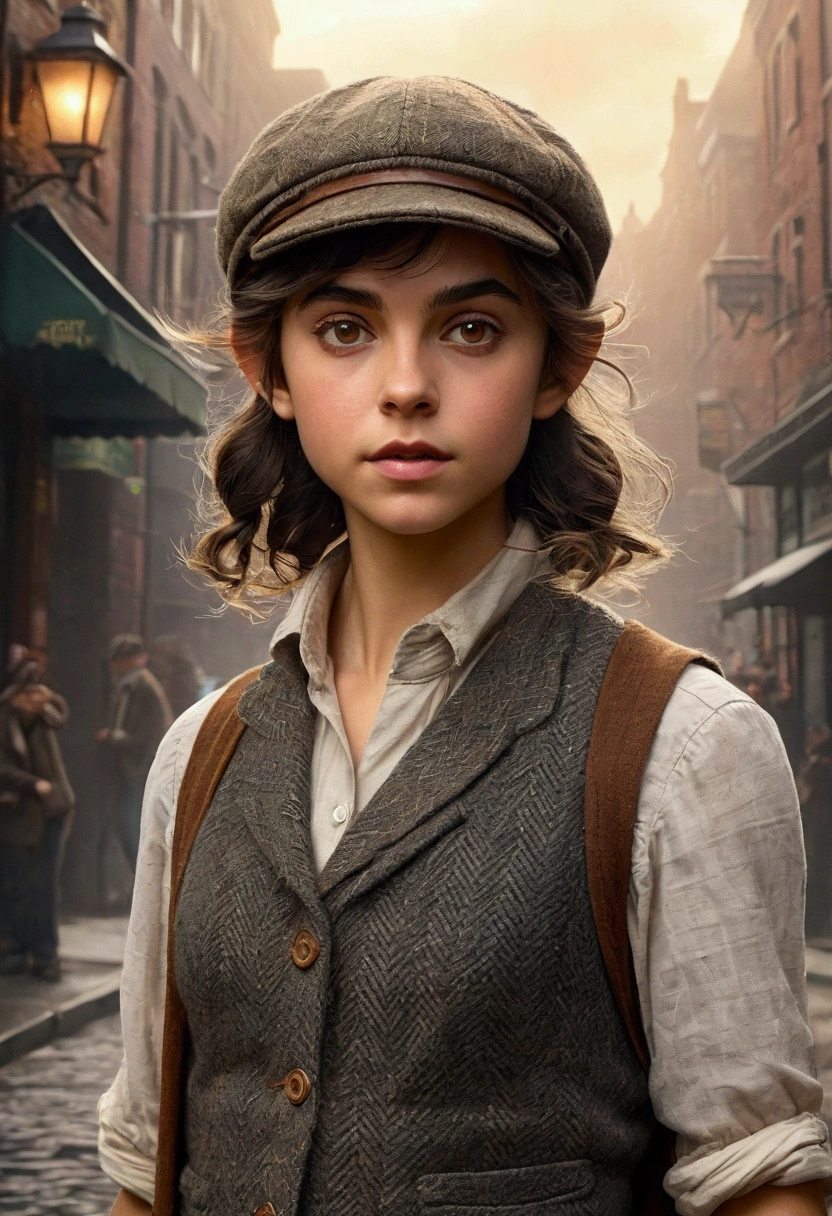 An illustrated movie poster, hand-drawn, full color, a teenage elven girl, wearing a tweed vest and a newsie cap, athletic hourglass figure, long pointy elf ears, dark hair, messy shaggy bob cut, deep sun-tanned skintone, resembles Ana De Armas, standing on a foggy victorian-era street corner, graphite shading, stencil marks, airbrushed acrylic paint, masterpiece, in the style of the Sherlock Holmes, elf ears