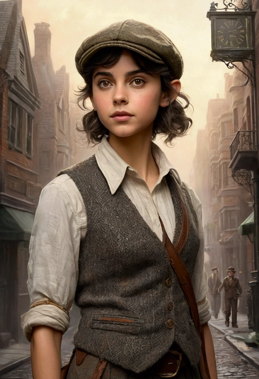 An illustrated movie poster, hand-drawn, full color, a teenage elven girl, wearing a tweed vest and a newsie cap, athletic hourglass figure, long pointy elf ears, dark hair, messy shaggy bob cut, deep sun-tanned skintone, resembles Ana De Armas, standing on a foggy victorian-era street corner, graphite shading, stencil marks, airbrushed acrylic paint, masterpiece, in the style of the Sherlock Holmes, elf ears
