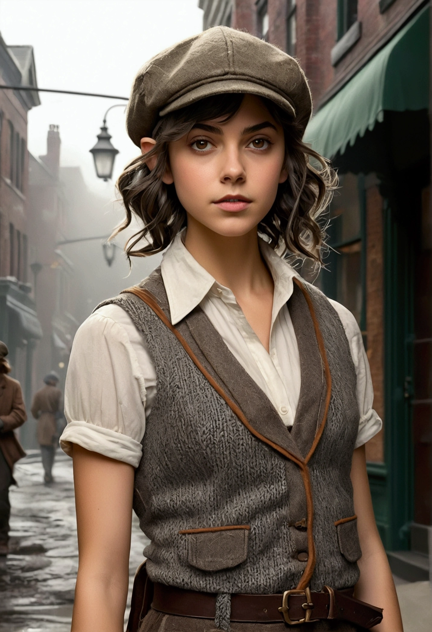 An illustrated movie poster, hand-drawn, full color, a teenage elven girl, wearing a tweed vest and a newsie cap, athletic hourglass figure, long pointy elf ears, dark hair, messy shaggy bob cut, deep sun-tanned skintone, resembles Ana De Armas, standing on a foggy victorian-era street corner, graphite shading, stencil marks, airbrushed acrylic paint, masterpiece, in the style of the Sherlock Holmes, elf ears