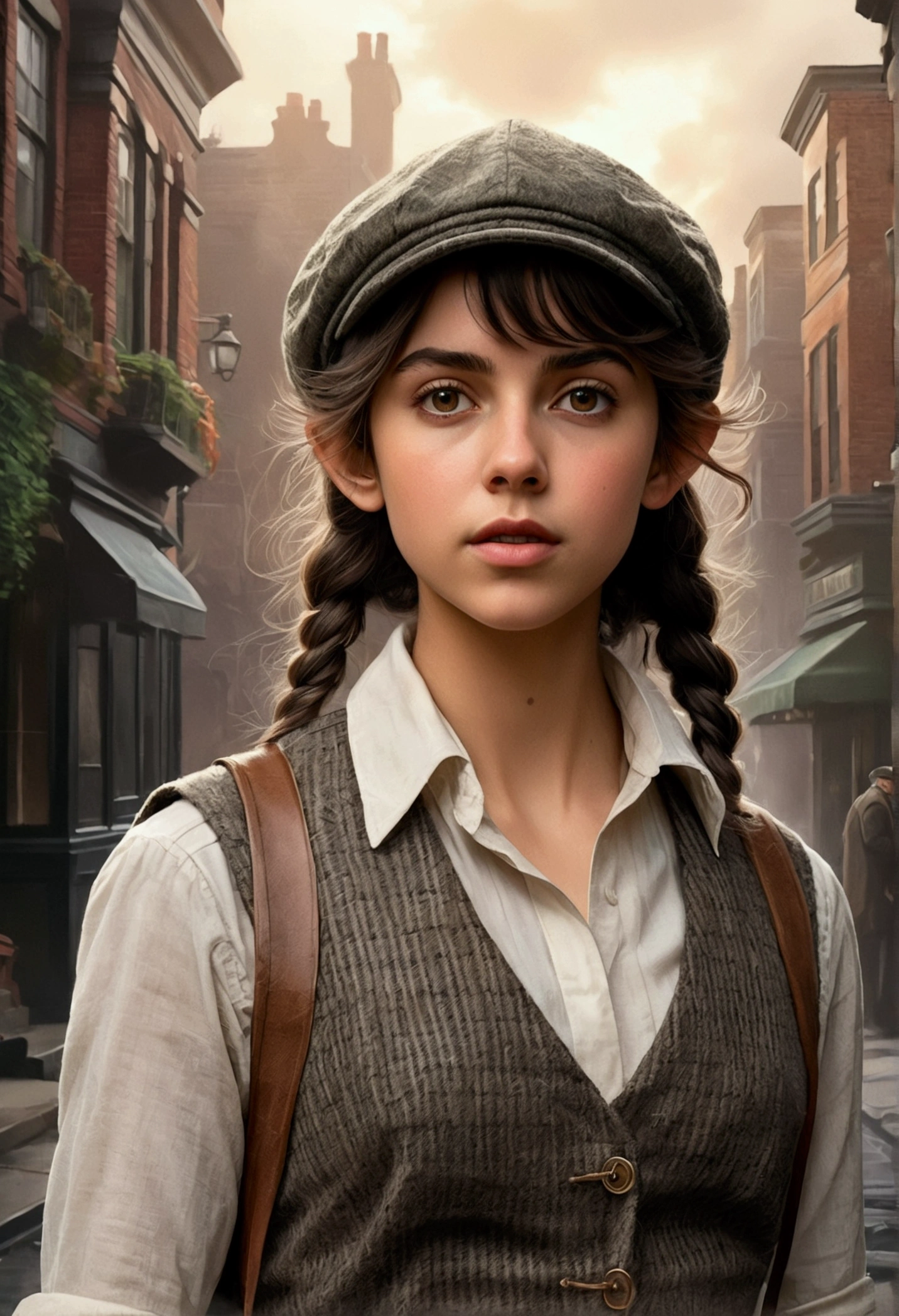 An illustrated movie poster, hand-drawn, full color, a teenage elven girl, wearing a tweed vest and a newsie cap, athletic hourglass figure, long pointy elf ears, dark hair, messy shaggy bob cut, deep sun-tanned skintone, resembles Ana De Armas, standing on a foggy victorian-era street corner, graphite shading, stencil marks, airbrushed acrylic paint, masterpiece, in the style of the Sherlock Holmes, elf ears