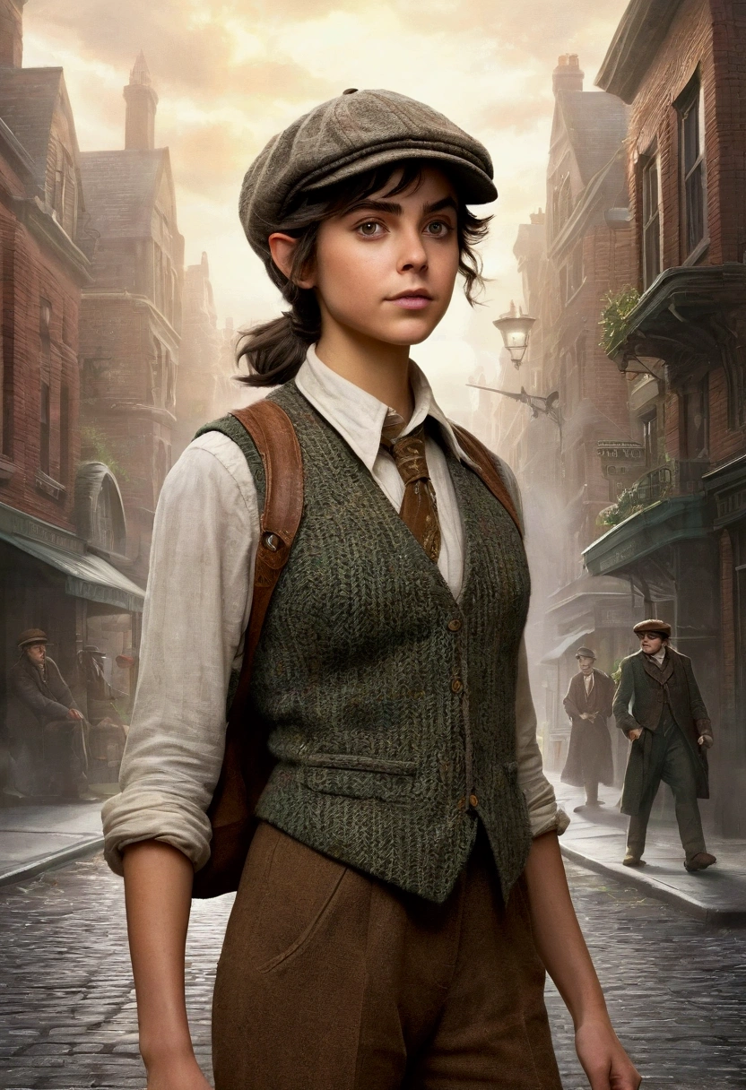 An illustrated movie poster, hand-drawn, full color, a teenage elven girl, wearing a tweed vest and a newsie cap, athletic hourglass figure, long pointy elf ears, dark hair, messy shaggy bob cut, deep sun-tanned skintone, resembles Ana De Armas, standing on a foggy victorian-era street corner, graphite shading, stencil marks, airbrushed acrylic paint, masterpiece, in the style of the Sherlock Holmes, elf ears