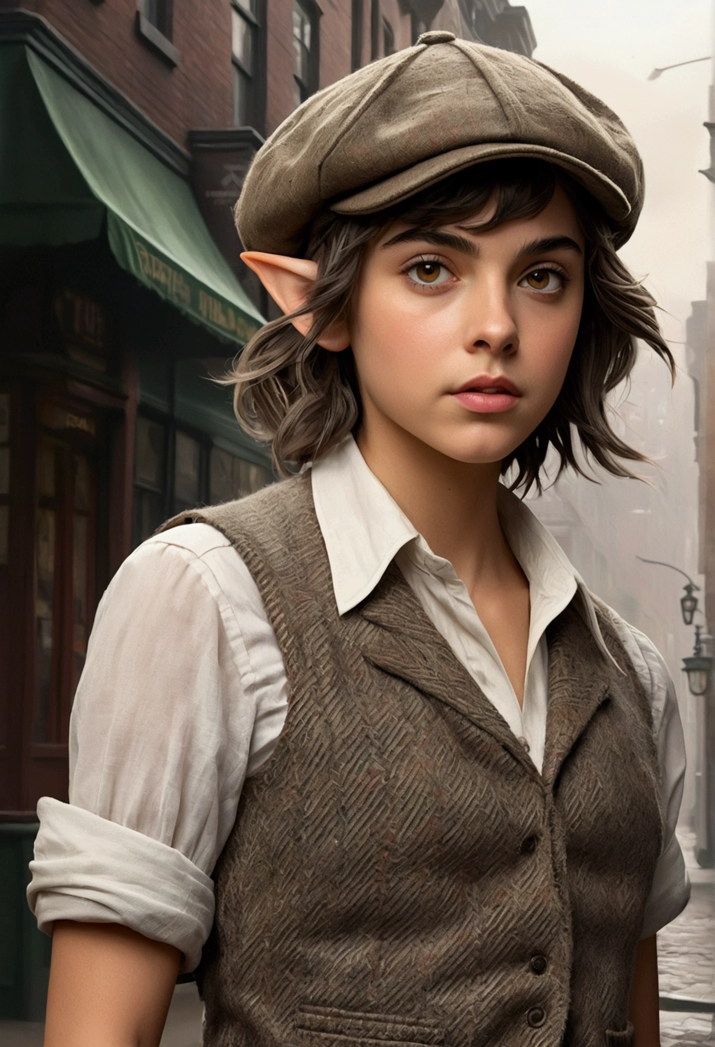 An illustrated movie poster, hand-drawn, full color, a teenage elven girl, wearing a tweed vest and a newsie cap, athletic hourglass figure, long pointy elf ears, dark hair, messy shaggy bob cut, deep sun-tanned skintone, resembles Ana De Armas, standing on a foggy victorian-era street corner, graphite shading, stencil marks, airbrushed acrylic paint, masterpiece, in the style of the Sherlock Holmes, elf ears