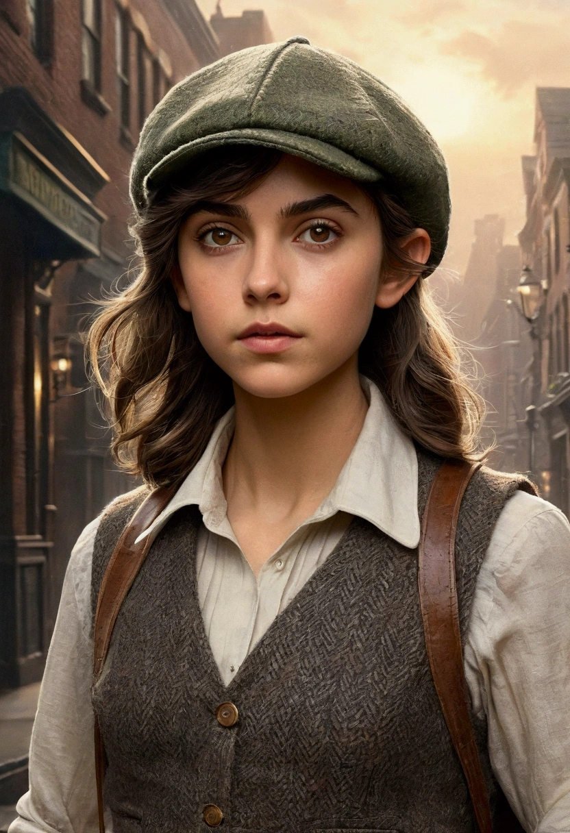 An illustrated movie poster, hand-drawn, full color, a teenage elven girl, wearing a tweed vest and a newsie cap, athletic hourglass figure, long pointy elf ears, dark hair, messy shaggy bob cut, deep sun-tanned skintone, resembles Ana De Armas, standing on a foggy victorian-era street corner, graphite shading, stencil marks, airbrushed acrylic paint, masterpiece, in the style of the Sherlock Holmes, elf ears