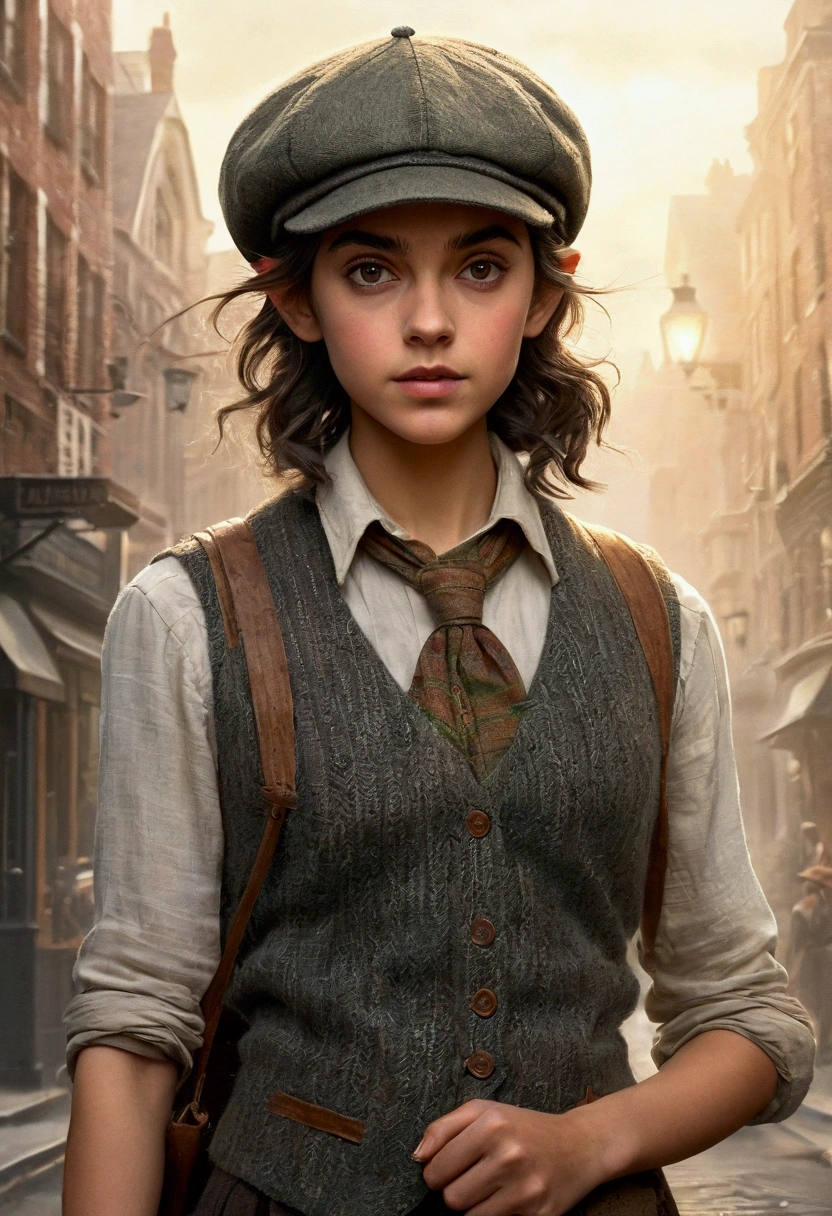 An illustrated movie poster, hand-drawn, full color, a age elven girl, wearing a tweed vest and a newsie cap, athletic hourglass figure, long pointy elf ears, dark hair, messy shaggy bob cut, deep sun-tanned skintone, resembles Ana De Armas, standing on a foggy victorian-era street corner, graphite shading, stencil marks, airbrushed acrylic paint, masterpiece, in the style of the Sherlock Holmes, elf ears