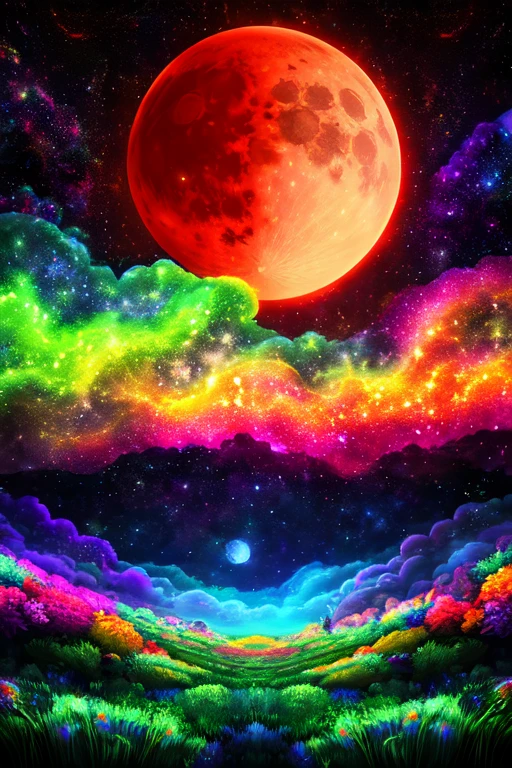A dark and psychedelic landscape from an drug infused hallucination with a peculiar and unearthly flora that glows in the dark and some of the flora reflects the moon-rays of  a blood moon high in the cloudy sky full of unusual and colorful clouds resembling galaxies from realms in parallel hallucinogenic space visions, UE5, vibrant colors