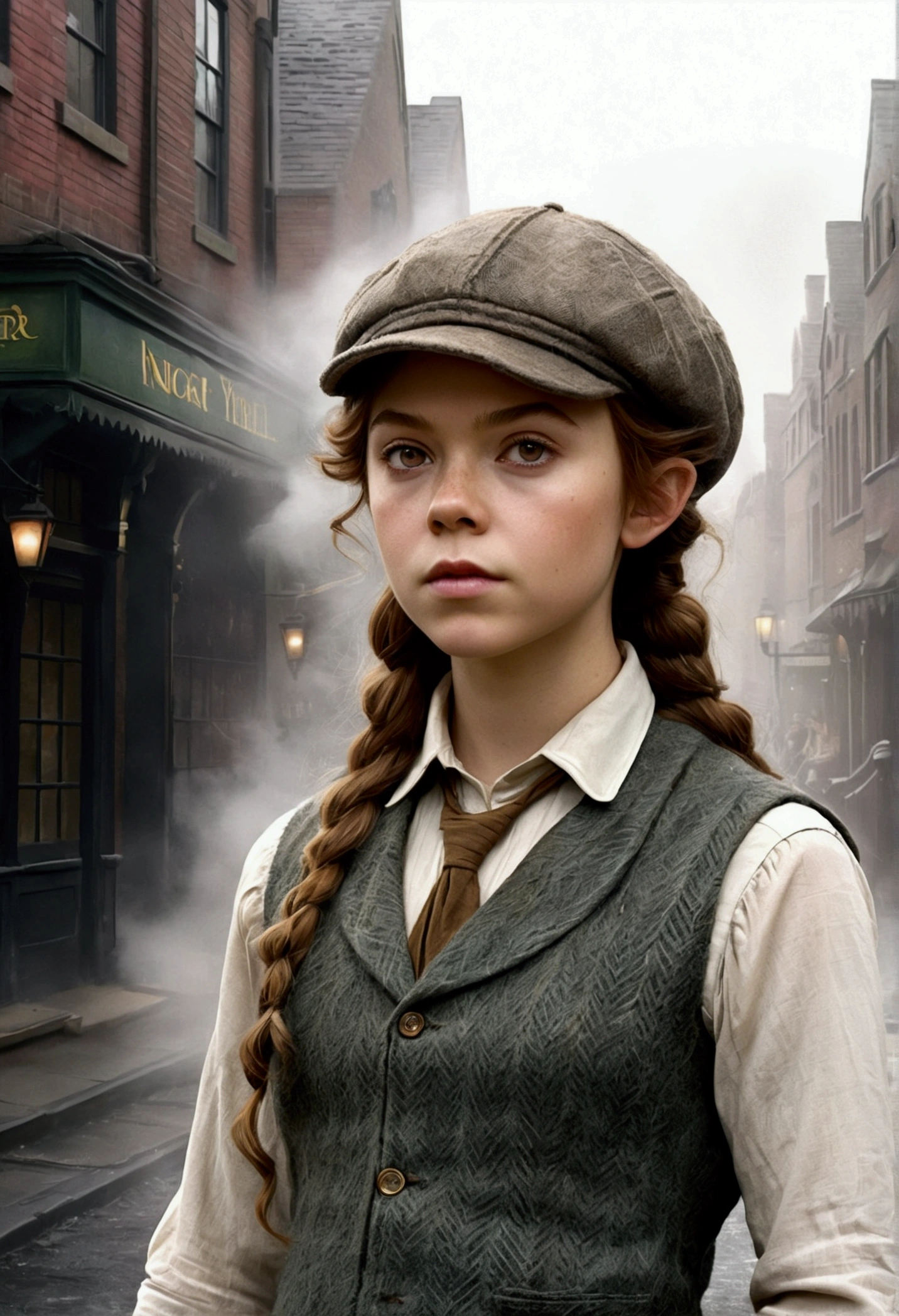 An illustrated movie poster, hand-drawn, full color, a teenage elven girl, wearing a tweed vest and a newsie cap, athletic hourglass figure, long pointy elf ears, dark hair, messy shaggy bob cut, rosy skin, freckles, resembles Margaery Tyrell, standing on a foggy victorian-era street corner, graphite shading, stencil marks, airbrushed acrylic paint, masterpiece, in the style of the Sherlock Holmes, elf ears