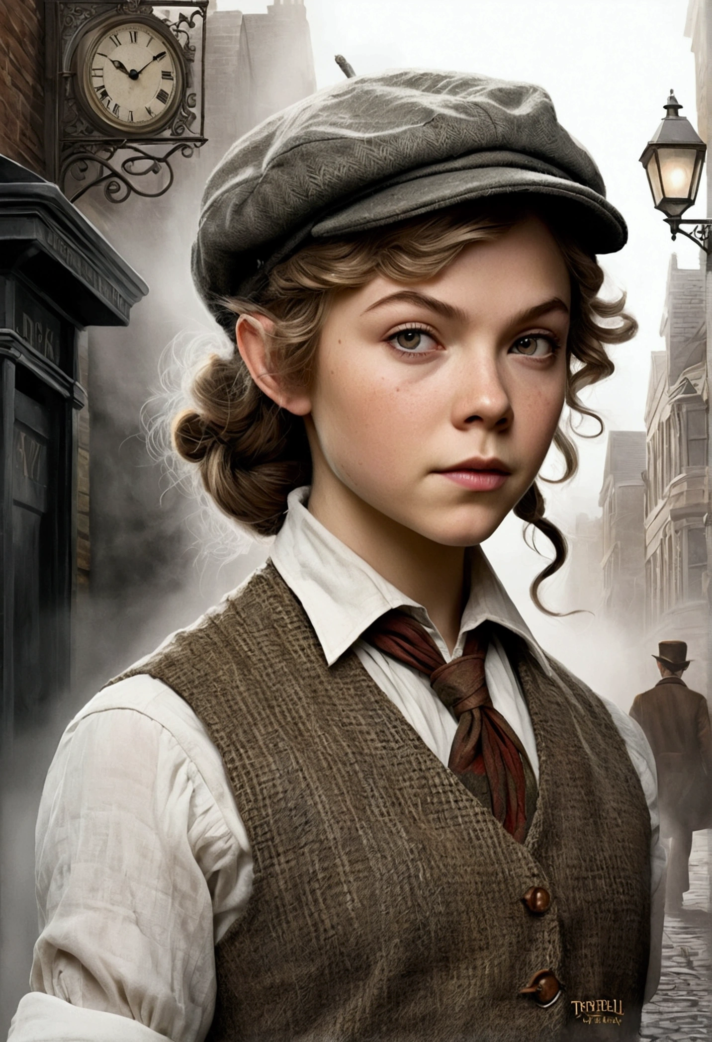 An illustrated movie poster, hand-drawn, full color, a teenage elven girl, wearing a tweed vest and a newsie cap, athletic hourglass figure, long pointy elf ears, dark hair, messy shaggy bob cut, rosy skin, freckles, resembles Margaery Tyrell, standing on a foggy victorian-era street corner, graphite shading, stencil marks, airbrushed acrylic paint, masterpiece, in the style of the Sherlock Holmes, elf ears