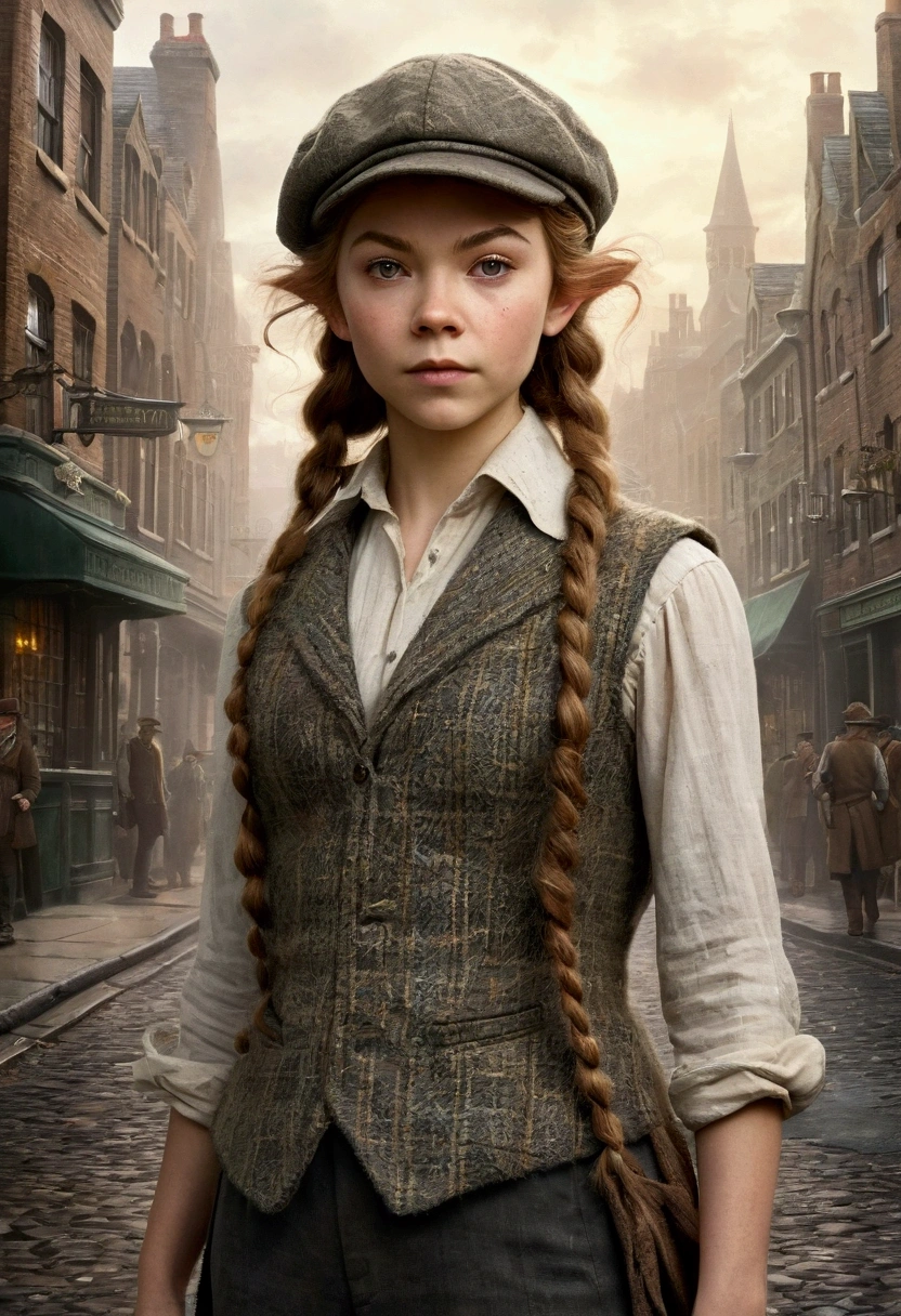 An illustrated movie poster, hand-drawn, full color, a teenage elven girl, wearing a tweed vest and a newsie cap, athletic hourglass figure, long pointy elf ears, dark hair, messy shaggy bob cut, rosy skin, freckles, resembles Margaery Tyrell, standing on a foggy victorian-era street corner, graphite shading, stencil marks, airbrushed acrylic paint, masterpiece, in the style of the Sherlock Holmes, elf ears