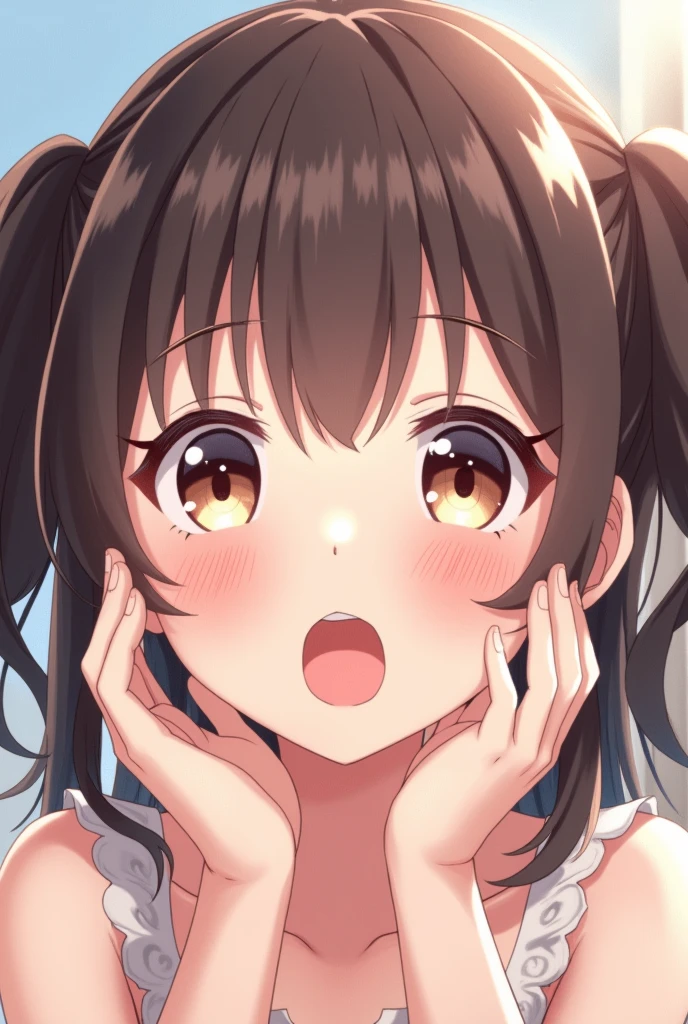 Anime girl with a face of astonishment, you can see her with joy, her hands on her face