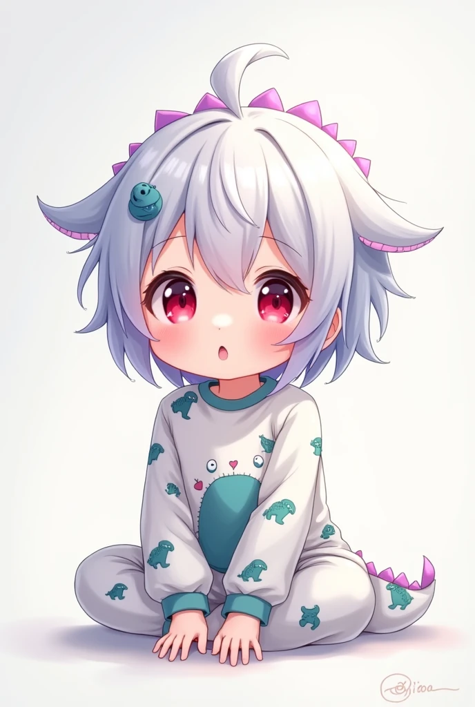 Baby with dinosaur pajamas, white and light blue hair and light purple tips, red eyes, anime

