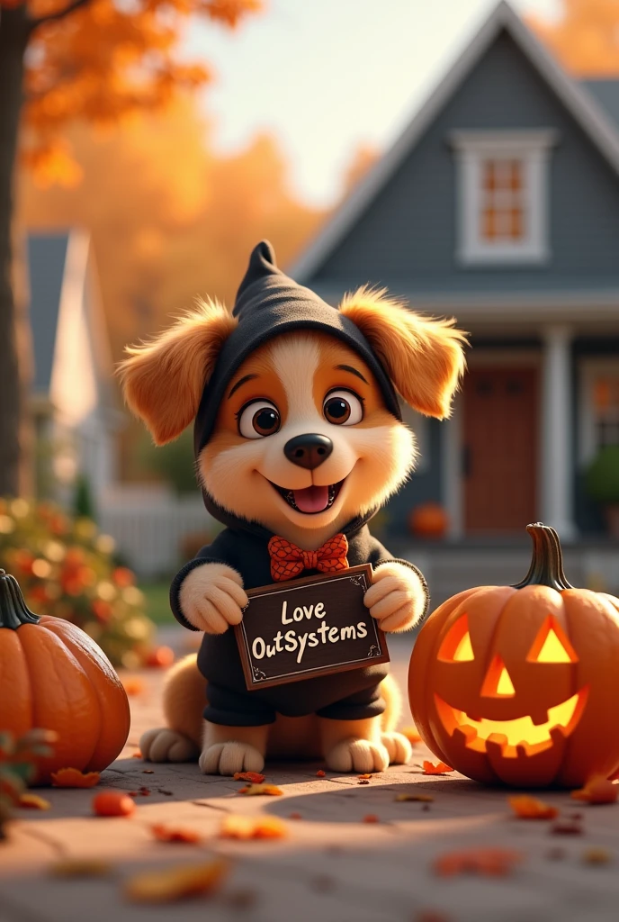 Dog image a sign that says "love OutSystems" and halloween pumpkin
