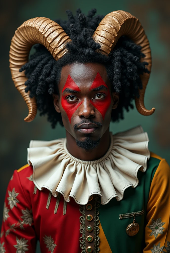 portrait, african, man , jester, .curly hair, braided hair, black skin, dark skin, black hair, red painted clown face, fantasy, rpg art, goat horns, jester clothes, red and green and white clothes
