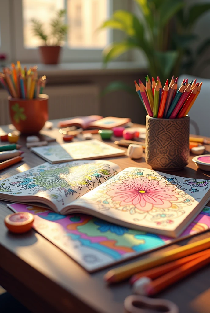 table full of colors and a couple of open coloring books in a relax ambient