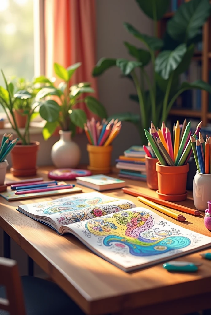 table full of colors and a couple of open coloring books in a relax ambient