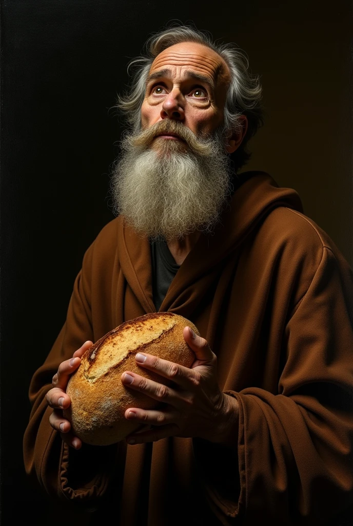masterpiece, Renaissance, Baroque style, high contrast, black dark background, tenebrismo, estilo Caravaggio, warm tones, Old man, with a big beard,looking at the sky, with a loaf of bread in his hands, a lot of detail, old painting, Awesome, ropa antigua estilo pinturade Rembrandt, shocking look, high contrast negros, Caravaggio, Rembrandt, but black contrast, very dark, outstanding warm luminosity, glaze style,