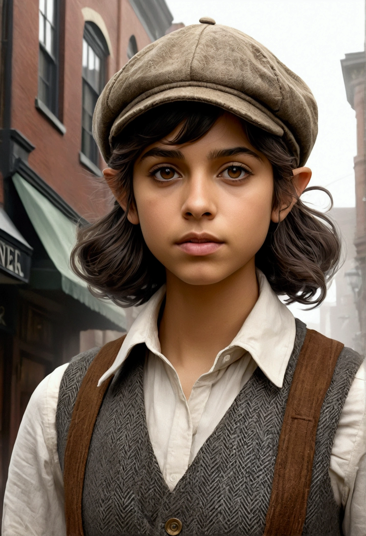 An illustrated movie poster, hand-drawn, full color, a teenage elven girl, wearing a tweed vest and a newsie cap, athletic hourglass figure, long pointy elf ears, dark hair, messy shaggy bob cut, deep sun-tanned skintone, resembles Naomi Scott, standing on a foggy victorian-era street corner, graphite shading, stencil marks, airbrushed acrylic paint, masterpiece, in the style of the Sherlock Holmes, elf ears