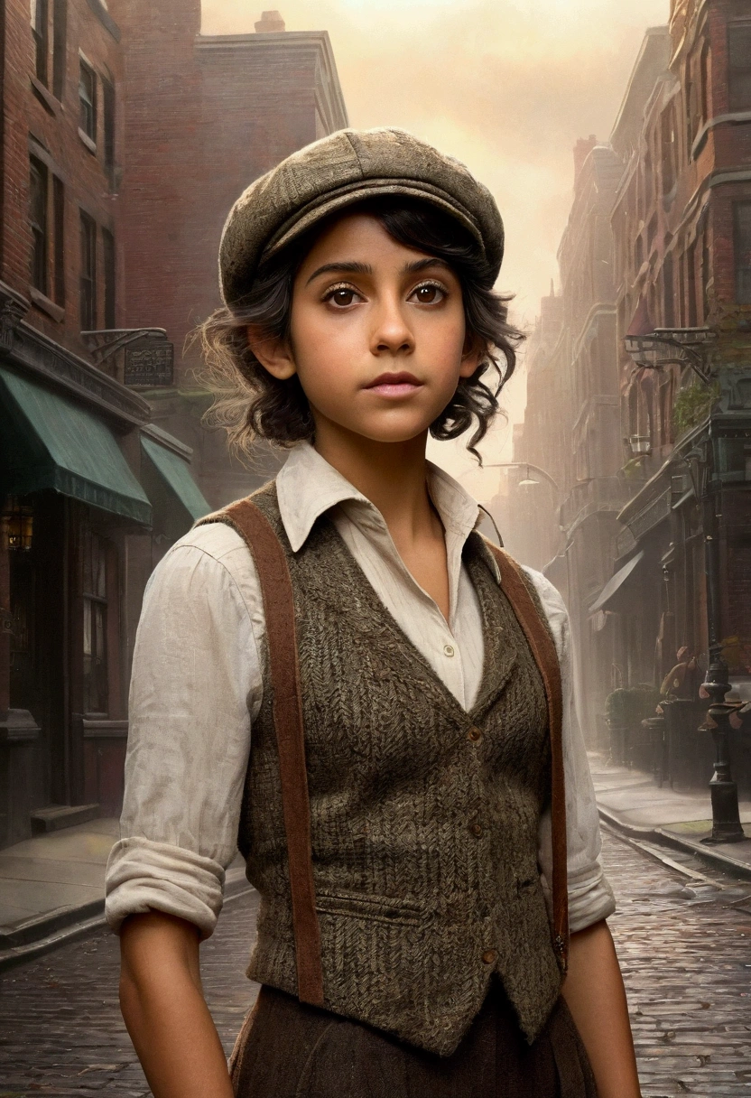 An illustrated movie poster, hand-drawn, full color, a age elven girl, wearing a tweed vest and a newsie cap, athletic hourglass figure, long pointy elf ears, dark hair, messy shaggy bob cut, deep sun-tanned skintone, resembles Naomi Scott, standing on a foggy victorian-era street corner, graphite shading, stencil marks, airbrushed acrylic paint, masterpiece, in the style of the Sherlock Holmes, elf ears