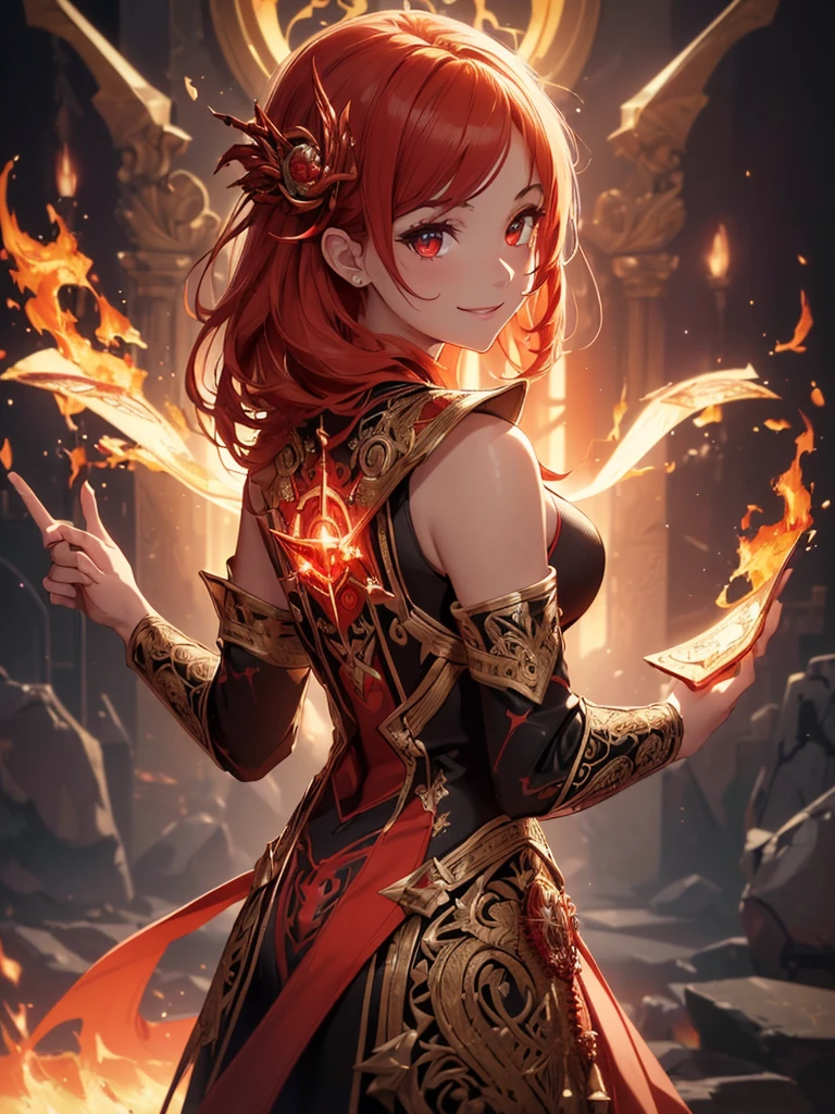 (((best quality, sharp image, clear image, cinematic lighting, 8k resolution, masterpiece, ultra detailed, intricate))) Girl, sorcerer, cute, intricate dress, smiling, fiery red, ((intricate background)), (rune frame), dimension, ((shot from behind)), fire sigils, chaotic background.