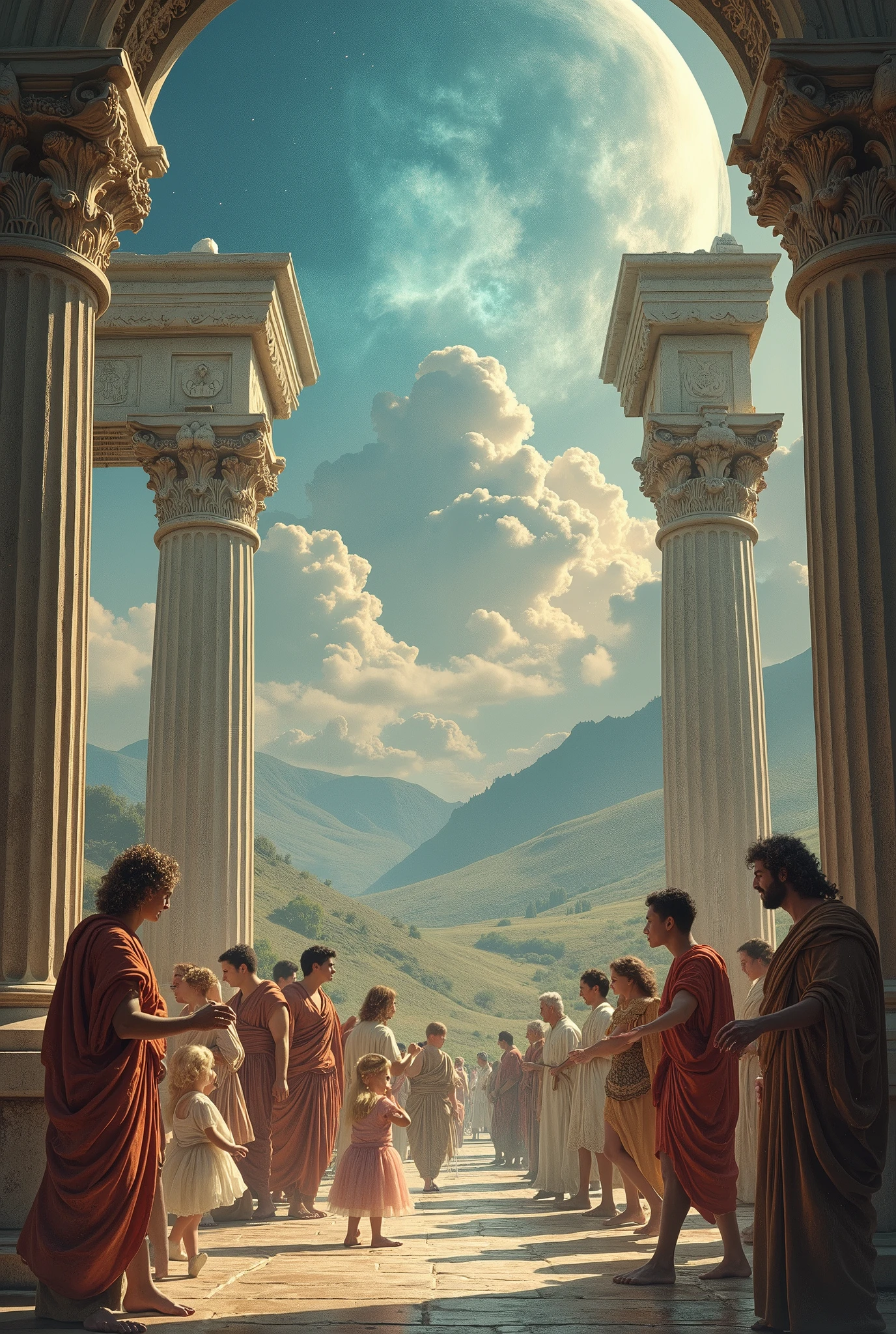Create an image for a magazine cover titled Once Upon a Time in Greece that looks mystical and features various characters from Greco-Latin literature.