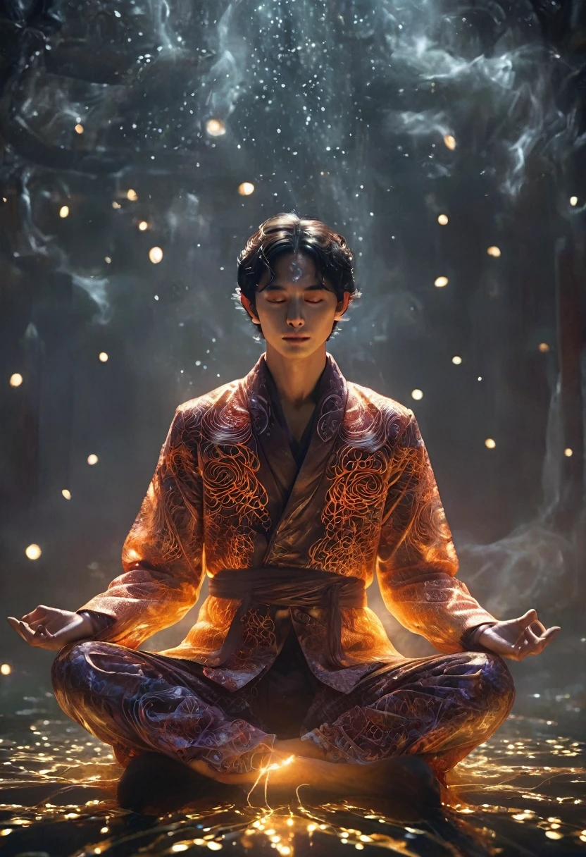 Full body shot of handsome man in lotus pose，CRU, cinematic shot, (sharp focus:1.5), (photorrealistic:1.4), twilight lighting, volumetric lighting, ultra high resolution, 16K,dramatic lighting, abstract backgrounds：1.5）（Zentangle，datura，tangles，tangle：0.7）Kitsune Witch，kitsune mask，haori jacket, fox spell, fox family, transformation, Depth of field, Fantastic Atmosphere, most beautiful form of chaos, elegance, Dark theme of Fauvist design, Flower of Death, Ecstatic Flowers，bright line,Example of brightness，Tracking Example，flash， contra-luz，translucent，light particles