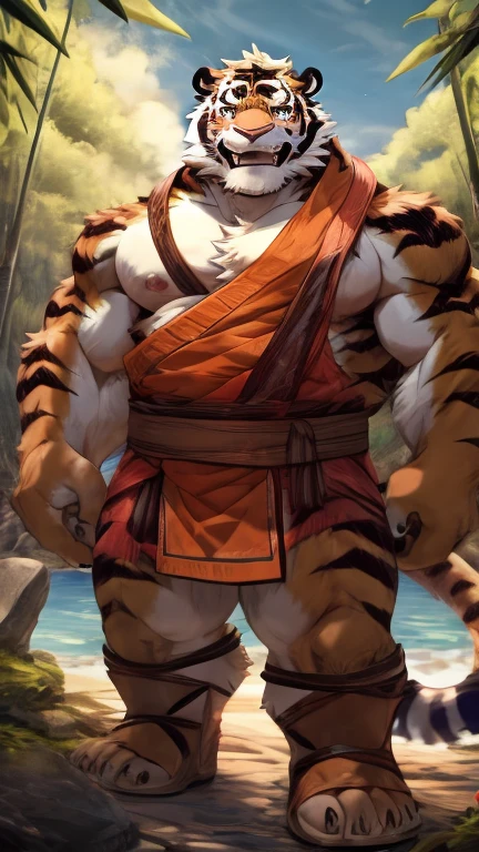 anime style, aid210, nj5furry, ((whole body)), ((monk)), standing, kick, ((plump middle-aged tiger man)), BREAK ((brown eyes)), one eye closed, beautiful beard, beautiful ears, (male face:1.3), (big face:0.5), square jawline, (Male Eyes:1.2), (sharp eyes:0.8), (big eyes:0.5), male eyebrows, (innocent look:0.5), (beautiful black nails down to the last detail:1.2), BREAK (complete Anatomy), (detailed face:1.3), beautiful face, (detailed body), (beautiful hands:1.2), (detailed fingers:1.2), (detailed eyes:1.1), (beautiful Eyes:1.1), arm details, Leg Details, beautiful feet, BREAK Muscular anthlo, body hair, ((hairy skin)), fluffy, (detailed brown nipples:0.8), (blood vessel:-0.8), (glowing Skin:-0.7), (chest hair:0.5), (1 tail), (a beautiful and detailed small tail), BREAK night sky, bamboo forest, outdoor,  ultra detailed, highest quality, ultra-high resolution, realistic, 16K, masterpiece, beautiful detailed, perfect solution, absurdists, (faint light),