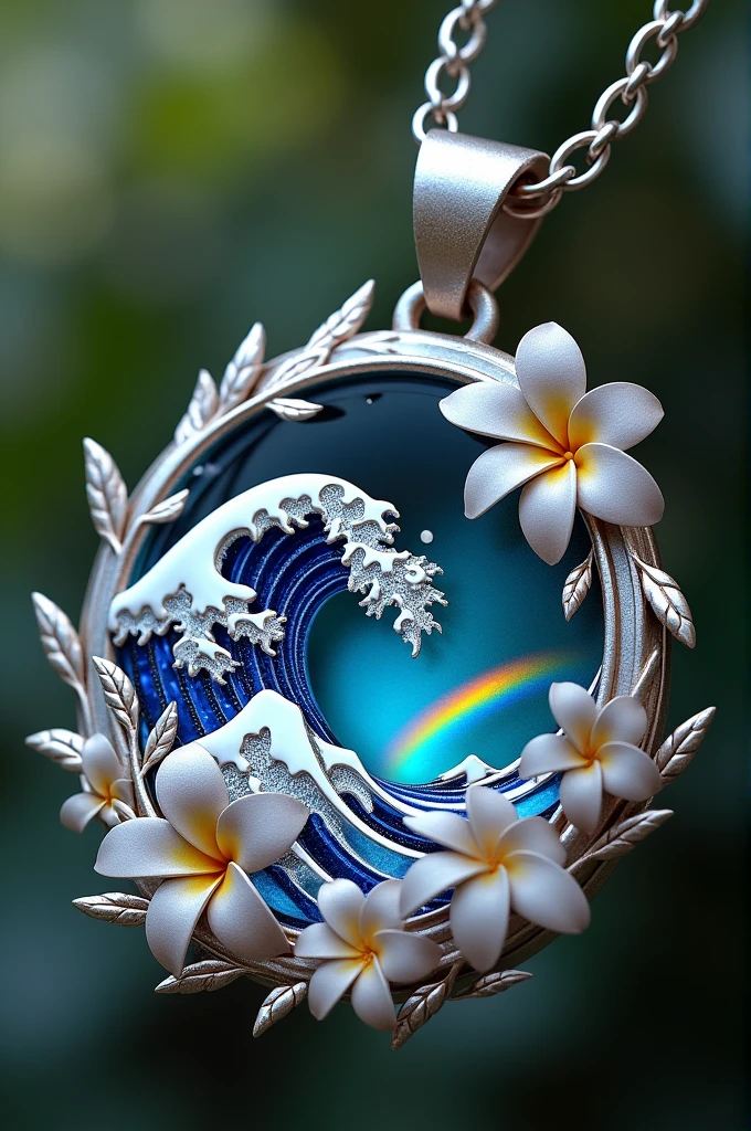 Silver pendant with wave, plumeria and rainbow engraving
