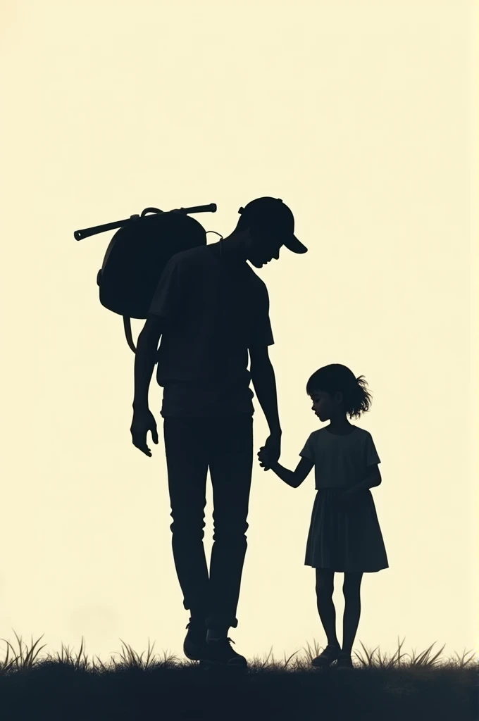 Man with cap carrying a  on his neck walking, with another girl holding hands, silhouette only