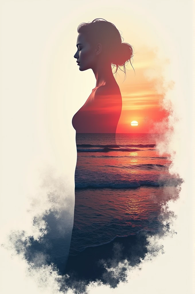 high quality, 8K Ultra HD, A beautiful double exposure that combines an goddess silhouette with sunset coast, sunset coast should serve as the underlying backdrop, with its details incorporated into the goddess , crisp lines, The background is monochrome, sharp focus, double exposure, by yukisakura, awesome full color,