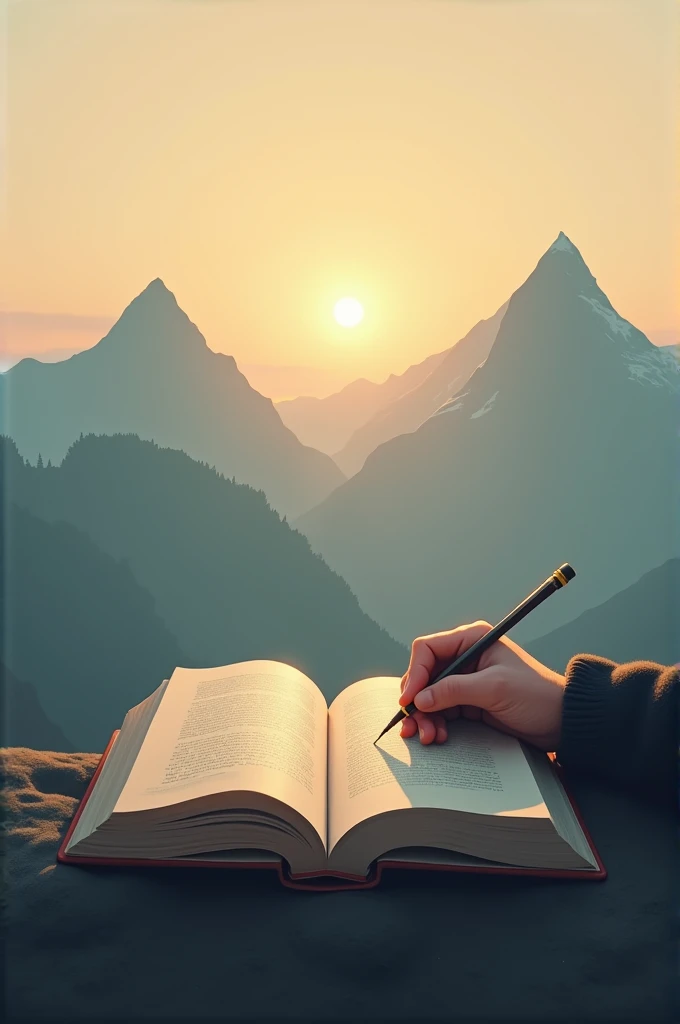 Two mountains without sun, one hand writing a book at sunset